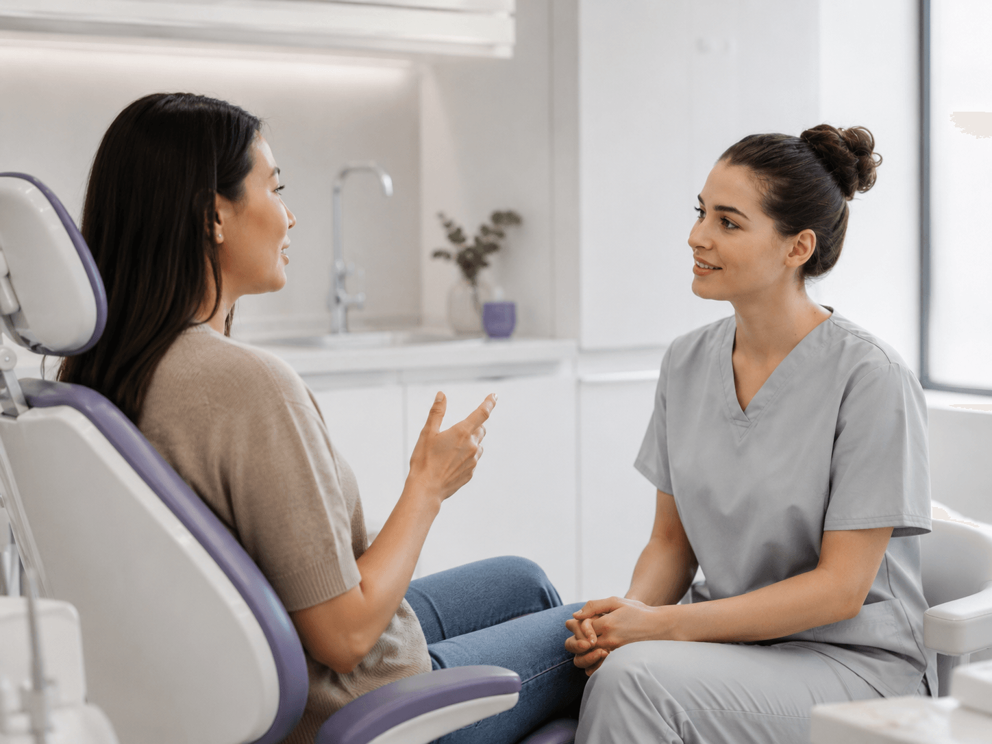 A dentist sitting with a patient for a relaxed conversation